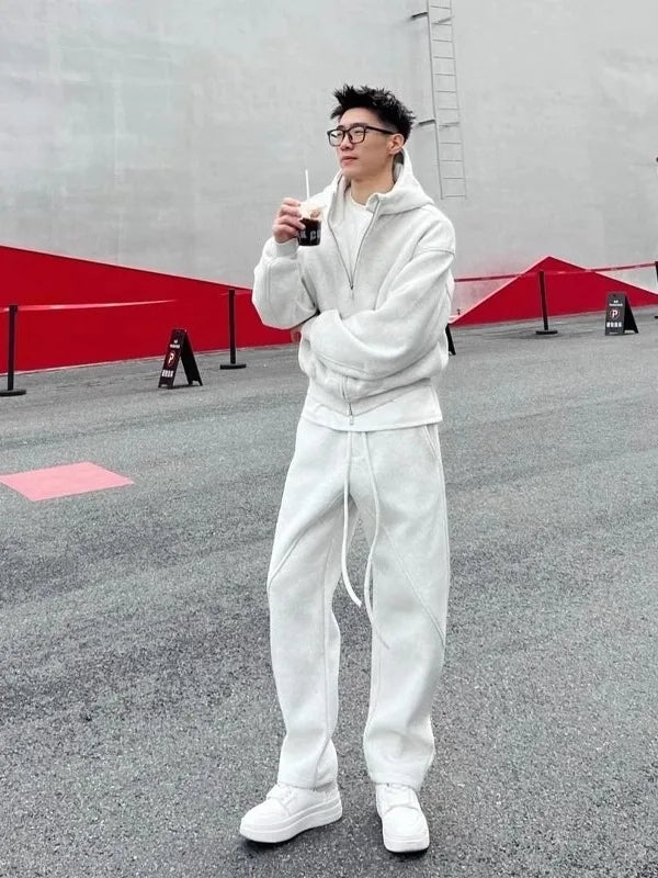 Men's Autumn Winter Hooded Open Cardigan Double Zipper Fleece Long Pants Sport Casual Two-Piece Set Versatile Polyester Fiber