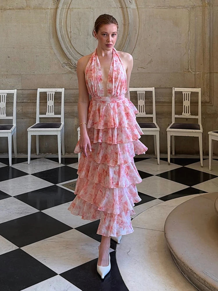 Floral Print Halter Neck Tiered Ruffle Dress Waist Cinched V Neck 2026 Summer Causal Women Vacation Irregular Layered Vestido