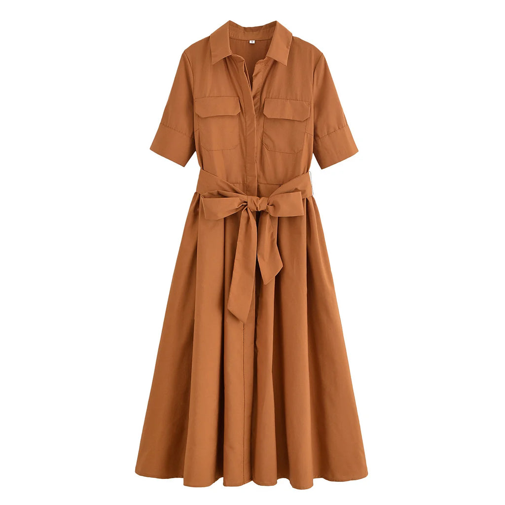 Women Long dress With Belt Spring Poplin Lady Short Sleeve Dress Pocket Women's Midi Dress Side Zipper Female Dresses