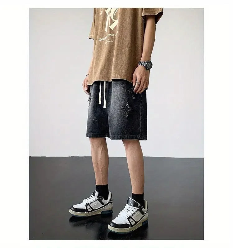 Embroidered Denim Shorts Men's Summer American Retro Street Five-point Pants Trendy Brand Trendy Loose