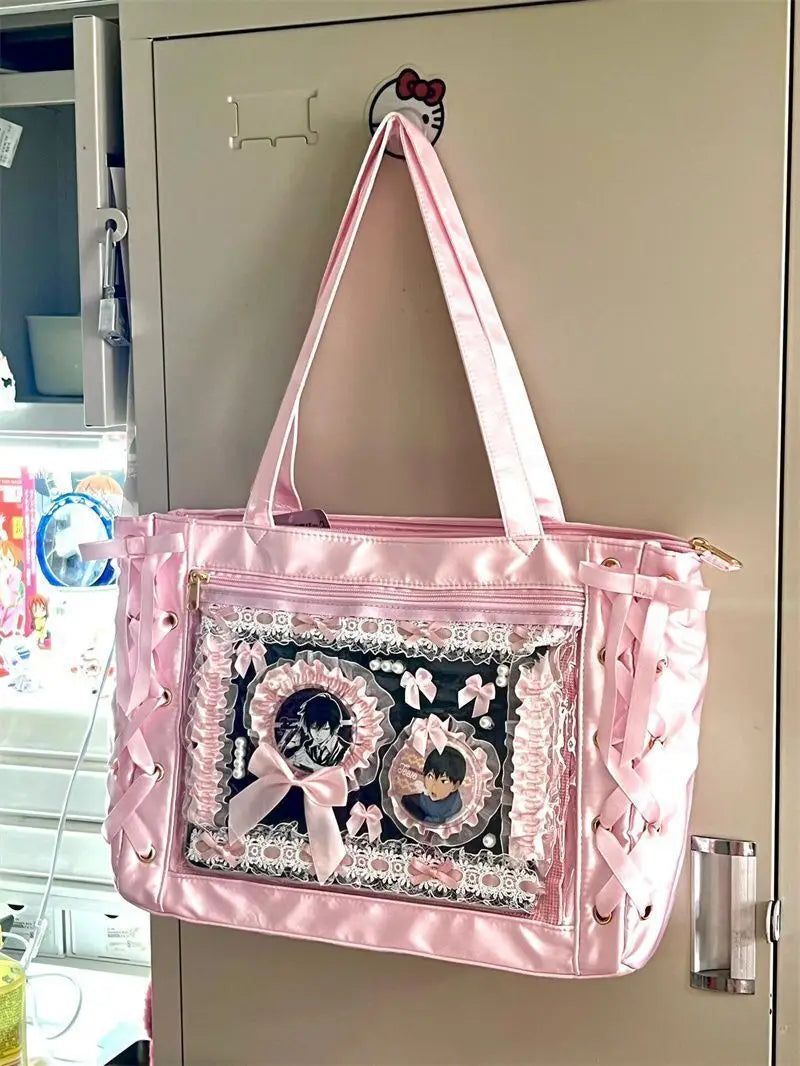 Japanese Sweet Women Ribbon Ita Bag Fashion Large Capacity Tote Bag Aesthetic Shoulder Bag Cute Lolita Girl Transparent Handbags