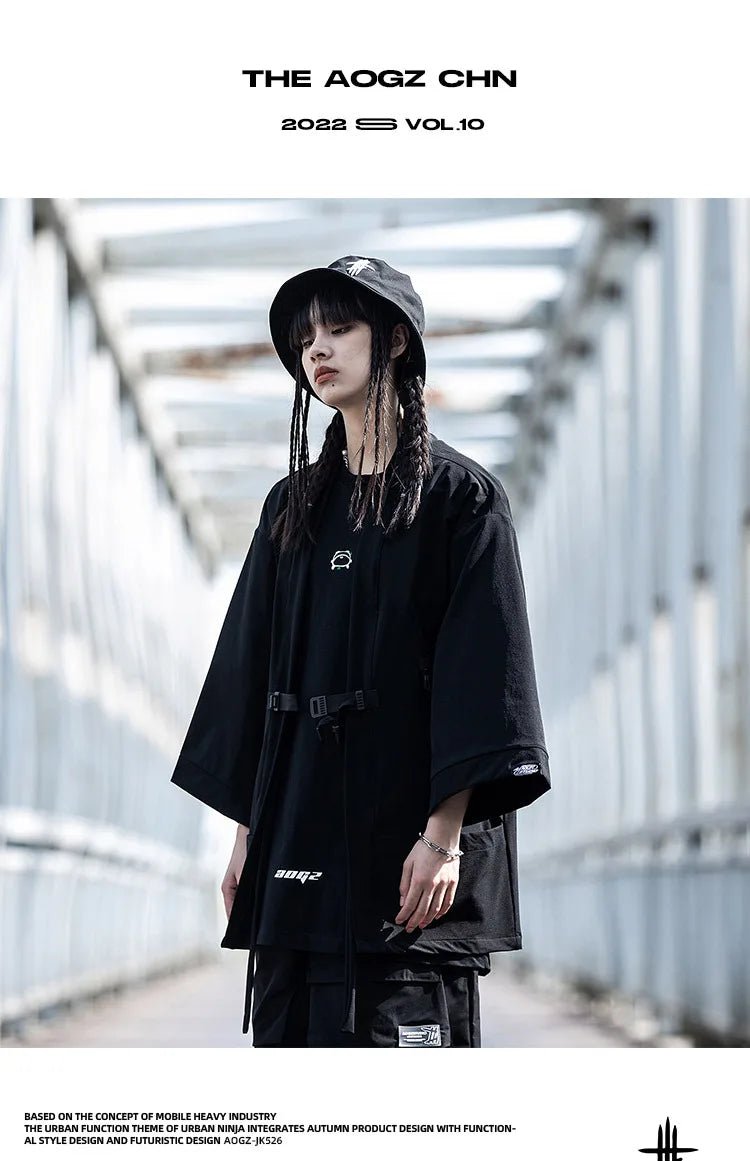 2023 Ribbon Hip Hop Punk Techwear Kimono Oversized Shirts Mens Japan Style Harajuku Casual Cargo Shirt Cloak