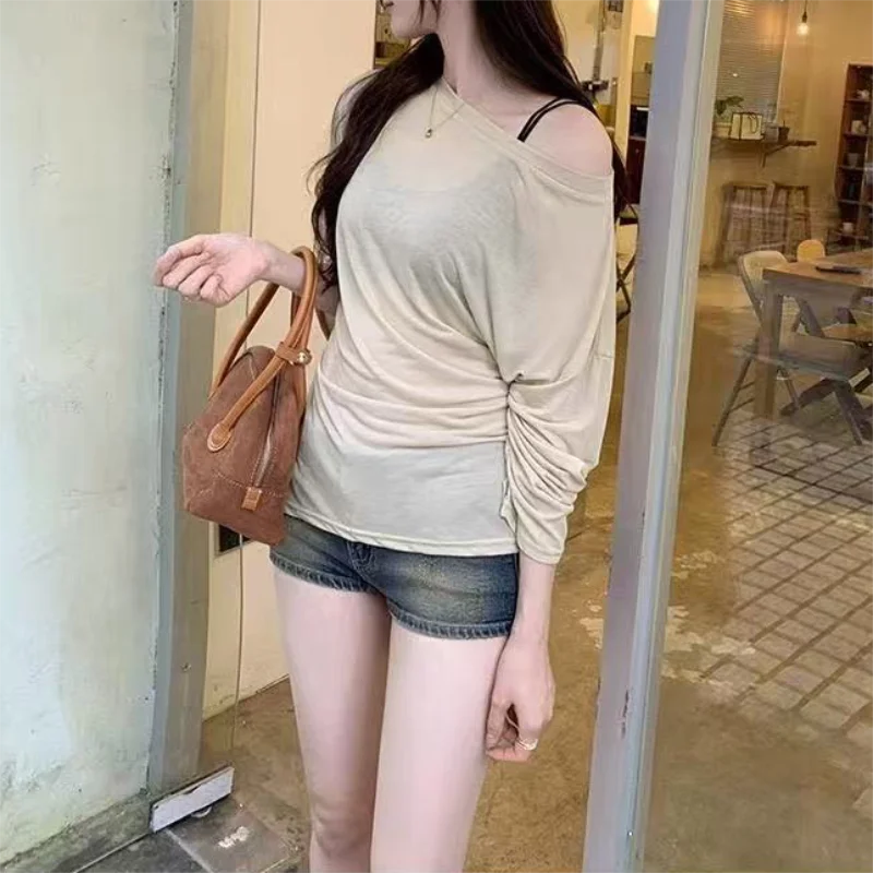 Sexy Thin See Through Long Sleeve Oversize T shirt Women Bandage Off Shoulder Top Female Basic Long Tee Shirt  Korean Chic Lady