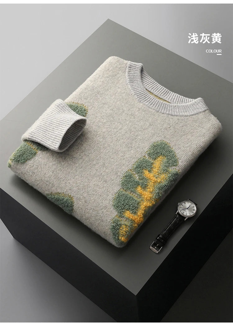 Jacquard Autumn Winter New Cashmere Sweater Men's Round Neck Pullover 100% Merino Wool Knitted Casual Fashion Retro Thicken Top