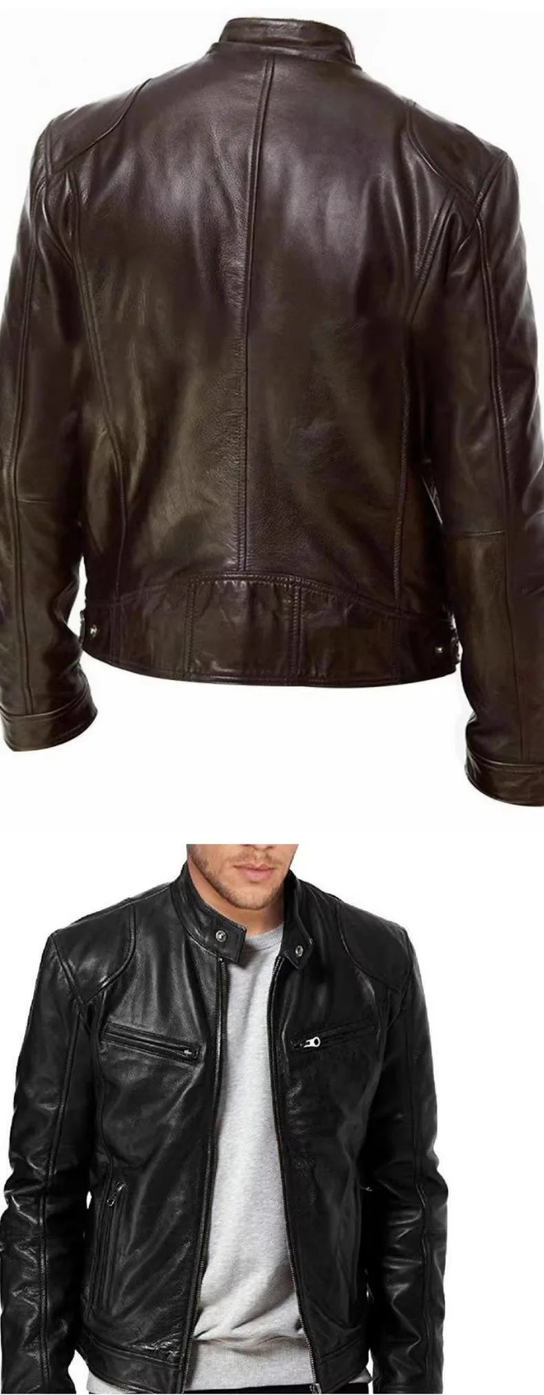 Winter Stand Collar Zip-Up Pocket PU Leather Jacket Men's Slim Business Casual