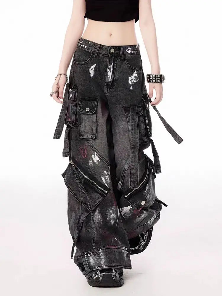 Black Gothic Punk Multi-Pocket Zipper Denim Jeans Men And Women Y2K American Baggy Fashion High Waist Loose Wide-Leg Jeans
