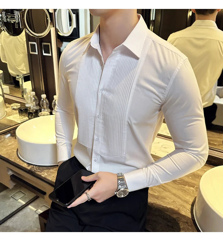 Groom Wedding Party Dress Shirt Men's Fashion Pleated Design Slim Fit Shirt Men Formal Long Sleeved Social Business Tailcoat