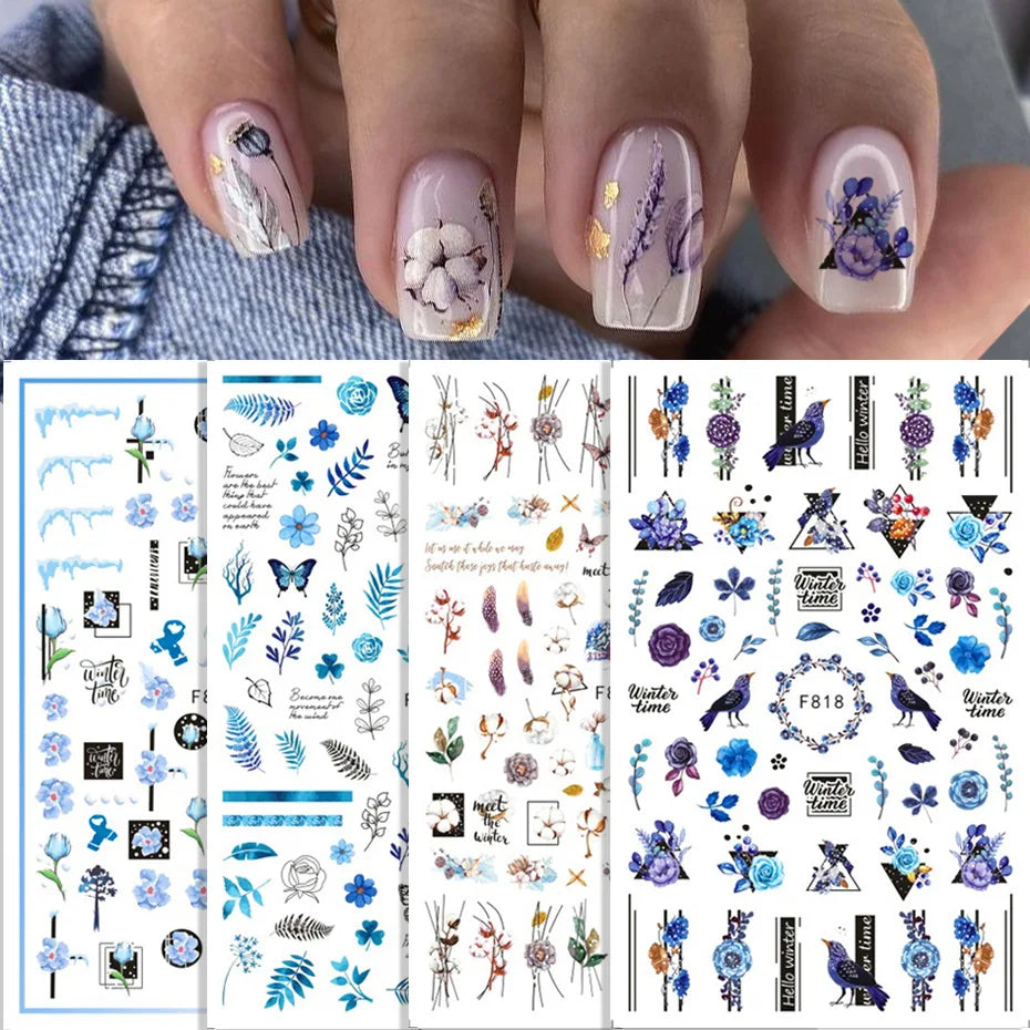 Autumn and Winter Blue Landscape Lines Flowers Birds Butterfly 3D Stickers Nail Art Decals Nail Parts Christmas Nail Stickers