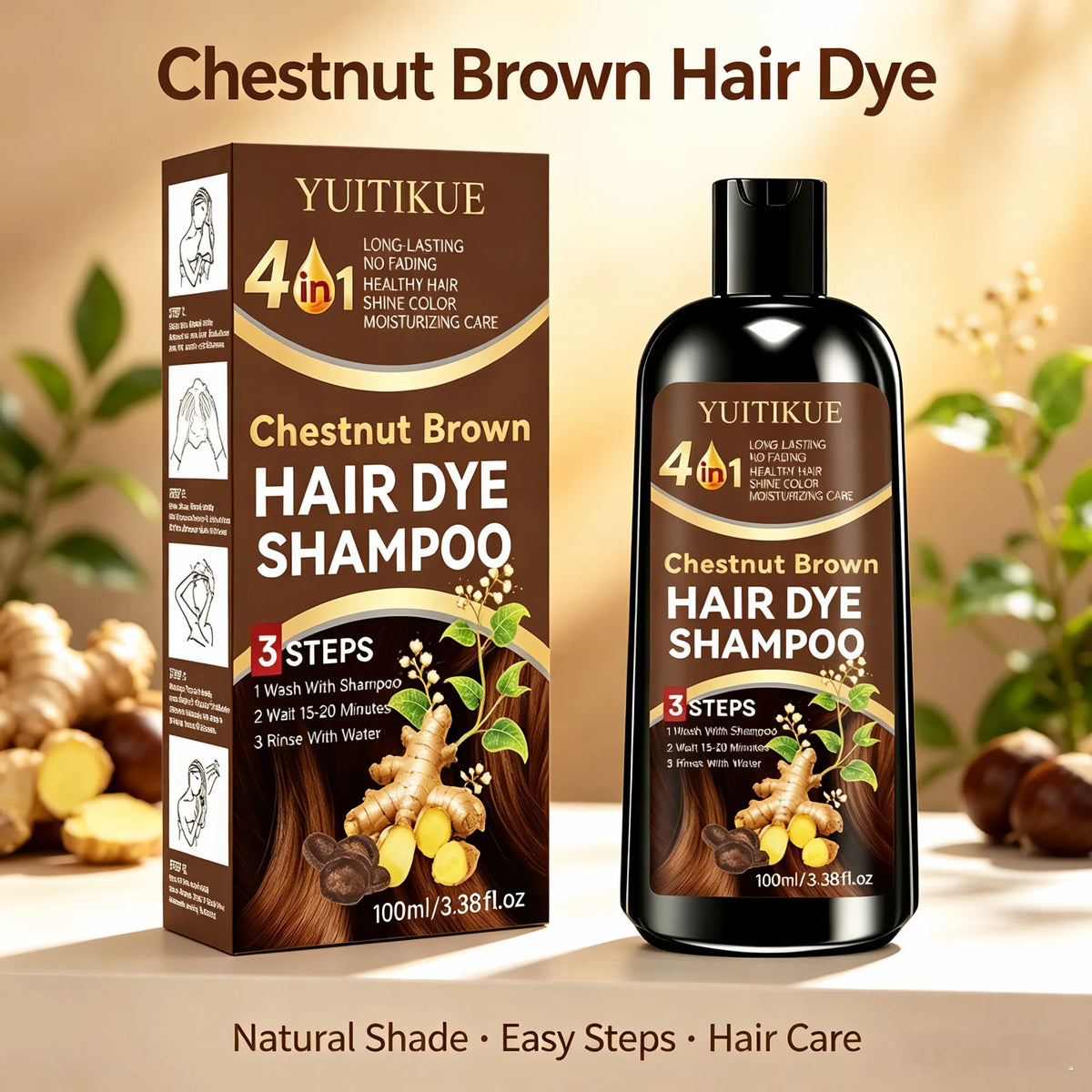 100ml 4 in 1 Ginger Hair Dye Shampoo Chestnut Brown Long Lasting Natural Hair Color Shampoo Moisturizing Coloring Hair Care