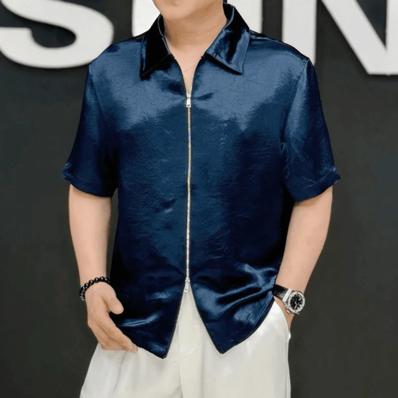 Summer New Solid Color Lapel Zipper Short Sleeve Casual T-Shirt Men's Trendy Light Luxury Cardigan Top