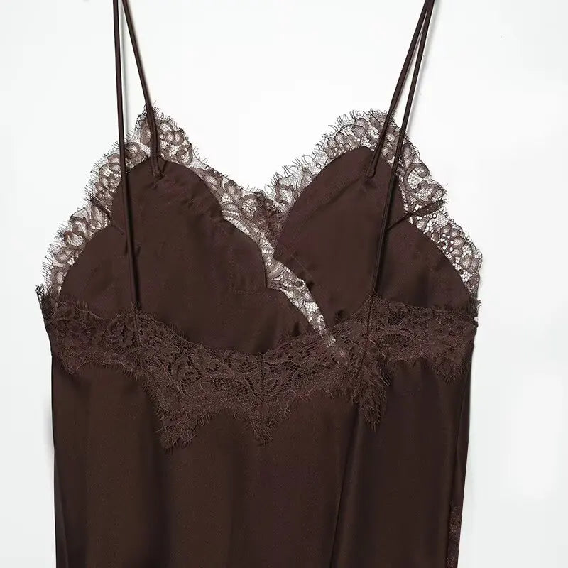 Zevity 2025 Women Sexy Hollow Out Lace Stitching Hem Irregular Mini Dress Female Chic Spaghetti Strap Soft Party Vestidos DS9446