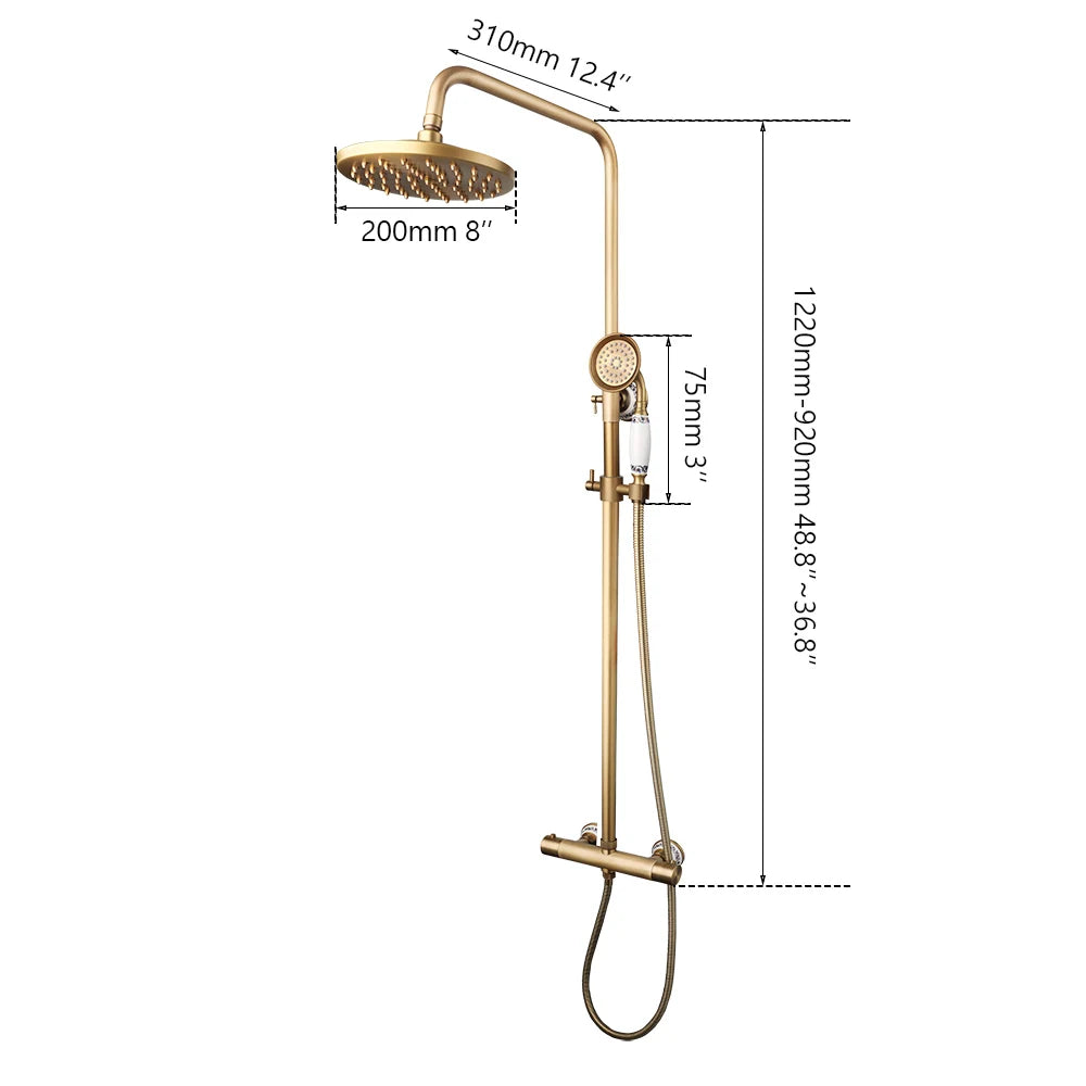 JIENI Bathroom Thermostatic Shower Faucet Set Antique Brass Wall Mounted Rainfall Shower Head W/ Single Handle Control Mixer Tap