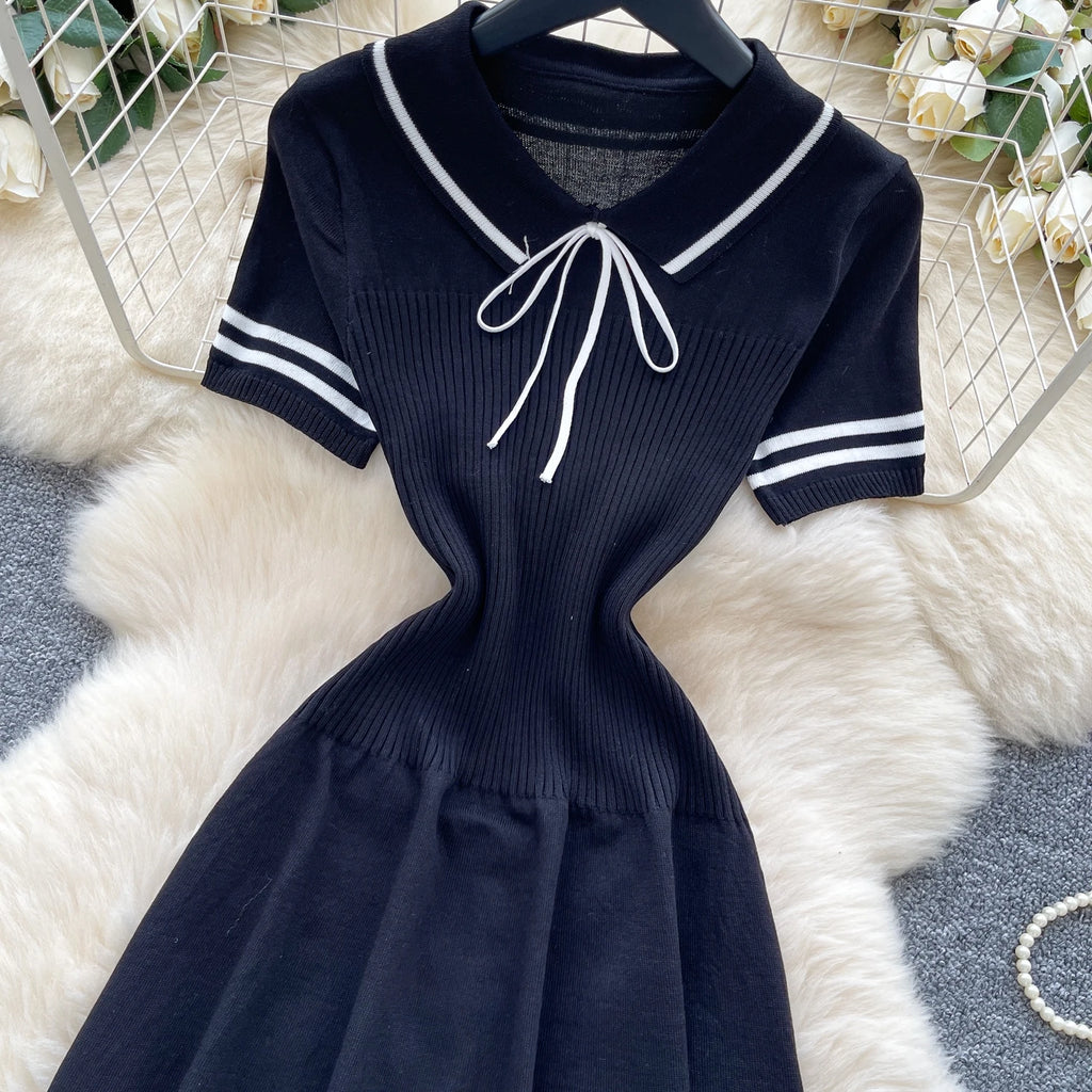 New Summer Women Sailor Collar Short Sleeve Knitted Dress Sundress Bow Lace Up Elatic Bodycon Pencil Vestidos Short Dress