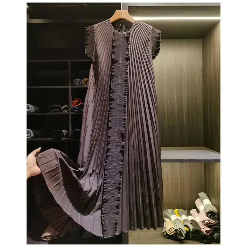 Miyake Pleated Solid Color Dresses High-End 2026 Ruffled Handmade Pleats Solid Color Fold Dress Summer Elegant Sleeveless Dress