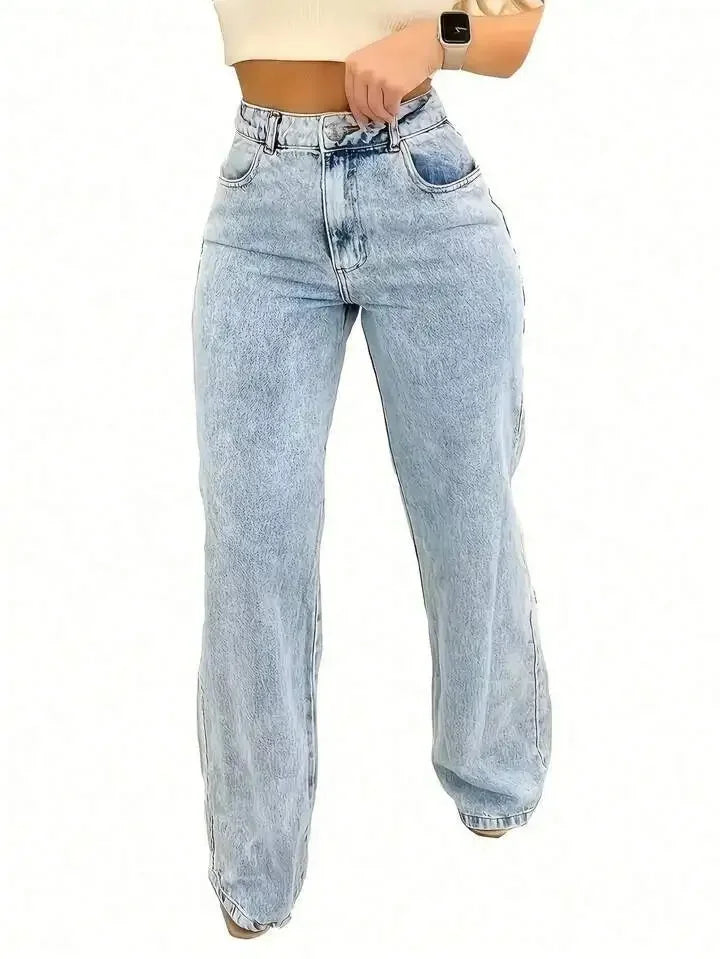 Straight Pants Jeans Women Denims Trousers Washed Distressed 2025 Streetwear Pockets High Waist Vintage Female Floor Length
