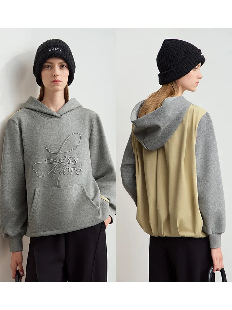 Amii 2024 Winter Clothes Women Long-sleeved Color Matching Embroidery Pocket Fleece Hooded Sweater Loose Casual Tops 12444202