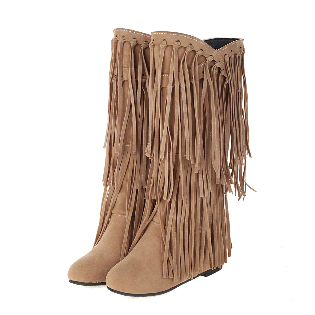 2025 New High Boots Women Bohemian Flock Tassle Mid-Calf Boots Wedge Booties Autumn Winter Ethnic Casual Shoes zapatos de mujer