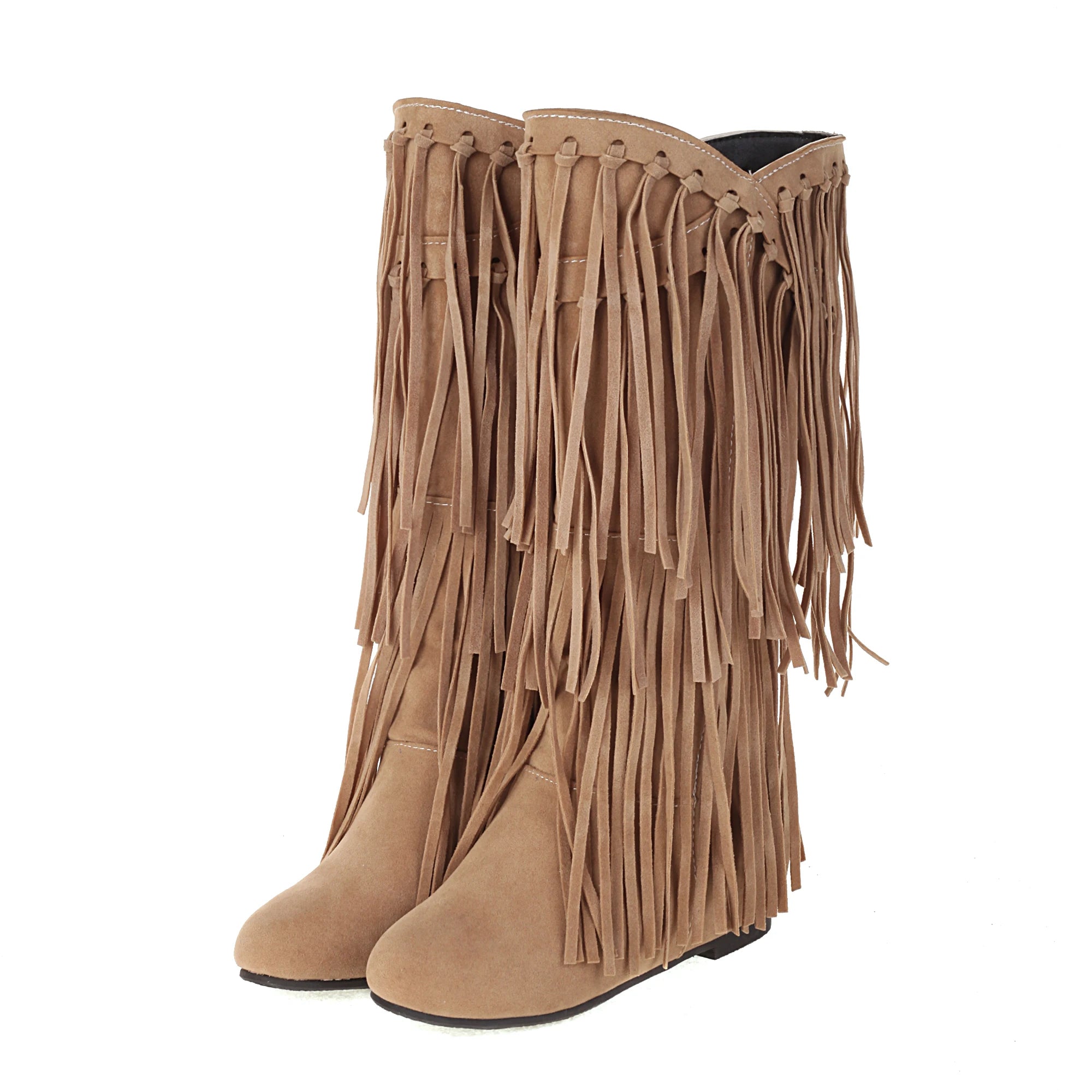 2025 New High Boots Women Bohemian Flock Tassle Mid-Calf Boots Wedge Booties Autumn Winter Ethnic Casual Shoes zapatos de mujer