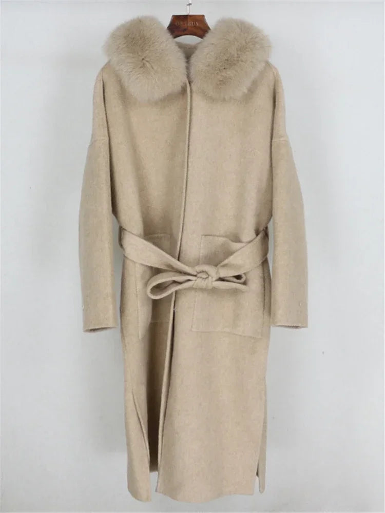 Real Fur Wool Outerwear Wool Blends Coat Natural Fox Fur Collar Hooded Cashmere Winter Jacket for Women Streetwear High Street