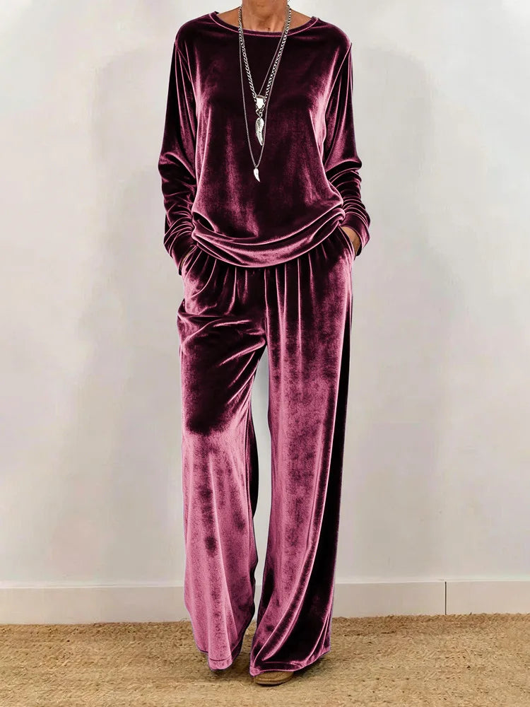2026 Women Spring Autumn Velvet Two Piece Suit Fashion Solid Color O-Neck Top+Wide Leg Pants Set Ladies Loose Comfortable Outfit