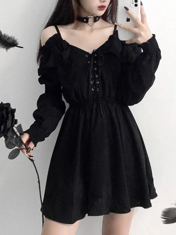 Zoki Harajuku Gothic Women Dress Y2K Summer Sexy Off Shoulder Black Bandage Mini Dress Fashion Elegant Party Night Vestidos New