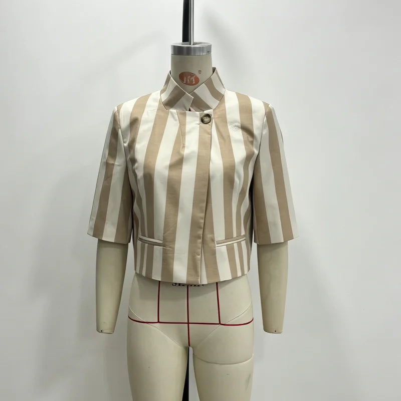 Women Chic Stripe Cropped Blazer Jacket Stand Collar 3/4 Sleeve Single Breasted Shoulder Pad Top 2026 Summer Fashion Street Coat