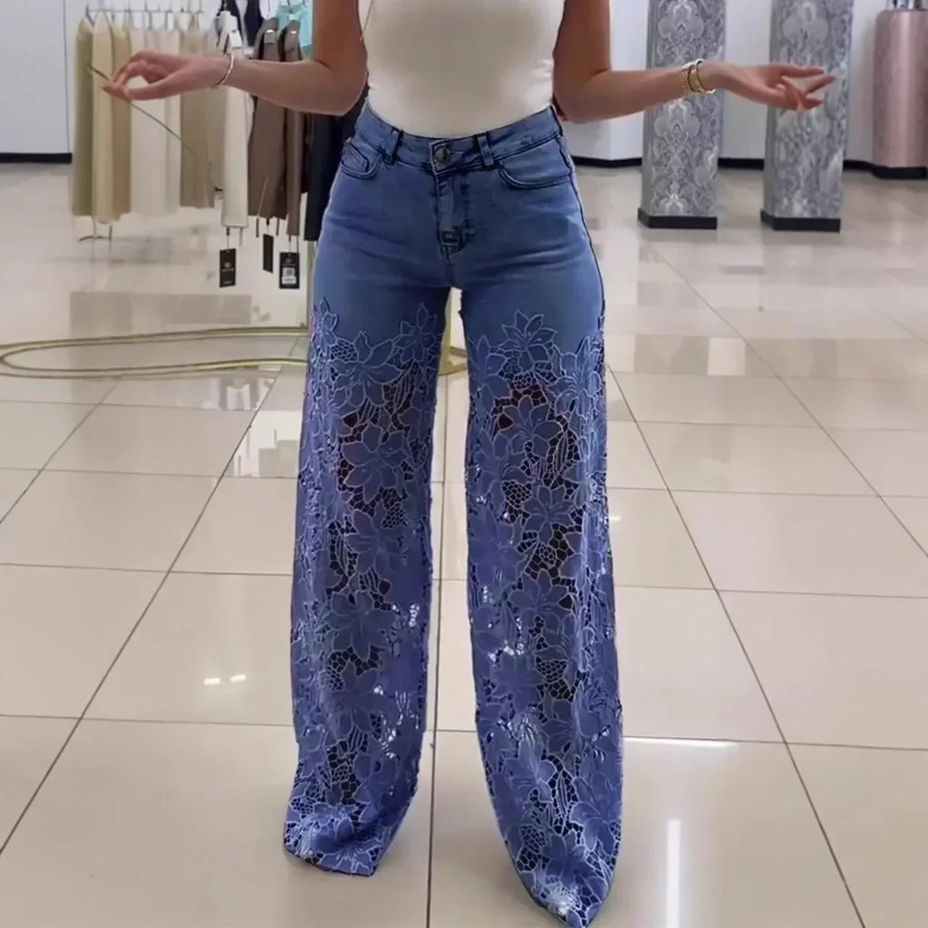 Denim Wide Leg Pants Women Jeans Lace Hollow Out High Waist Washed Distressed 2025 Straight Trousers Floor Length Streetwear