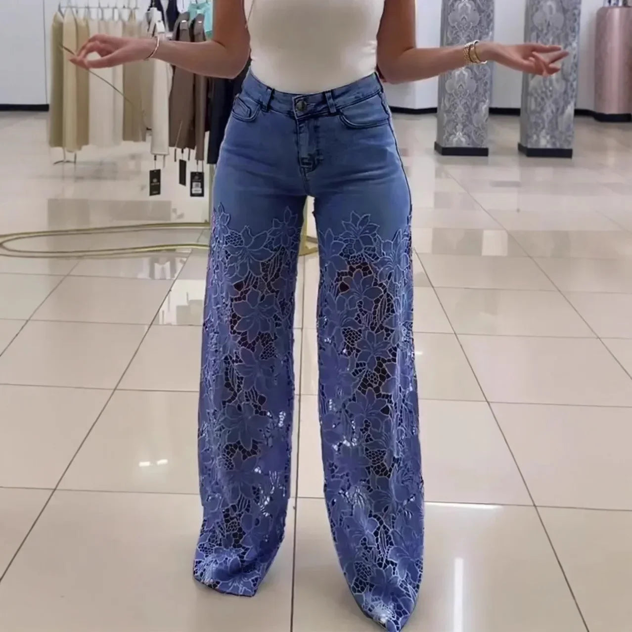 Denim Wide Leg Pants Women Jeans Lace Hollow Out High Waist Washed Distressed 2025 Straight Trousers Floor Length Streetwear
