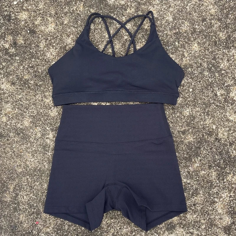 2 Piece Yoga Shorts Set Gym Sports Set Women Workout Outfit Fitness Suit Cross Straps Bra High Waist Shorts Running Tracksuit