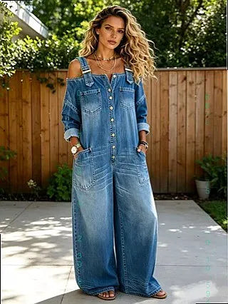 Sexy Off Shoulder Denim Overall Jumpsuit Pockets Wide Leg Playsuit