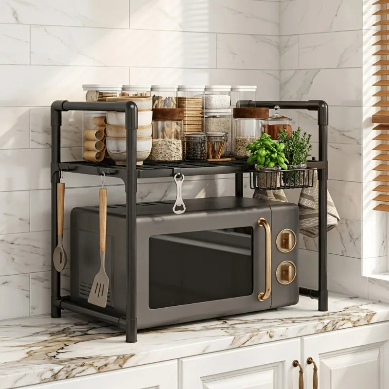 Microwave Oven Rack 2‑Tier Kitchen Countertop Organizer, Heavy Duty Metal Shelf with Hooks for Spices Utensils Small Appliances