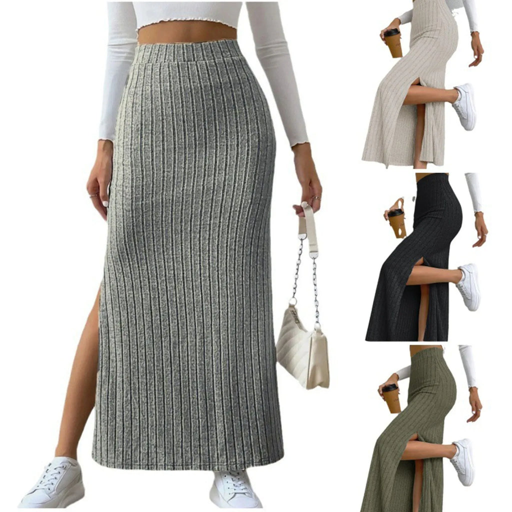 Womens Ribbed Knit Split Thigh Maxi Skirt High Waist Bodycon Pencil Skirt Casual Spring Summer Office Lady Chic Long Skirts 2026