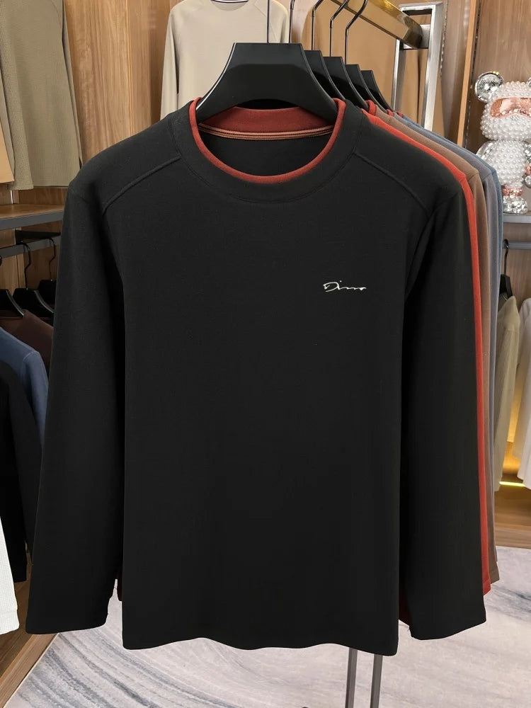 Unique fake two pieces round neck sweater men fashion brand letter emboss pullover autumn winter warm velvet long sleeve T-shirt