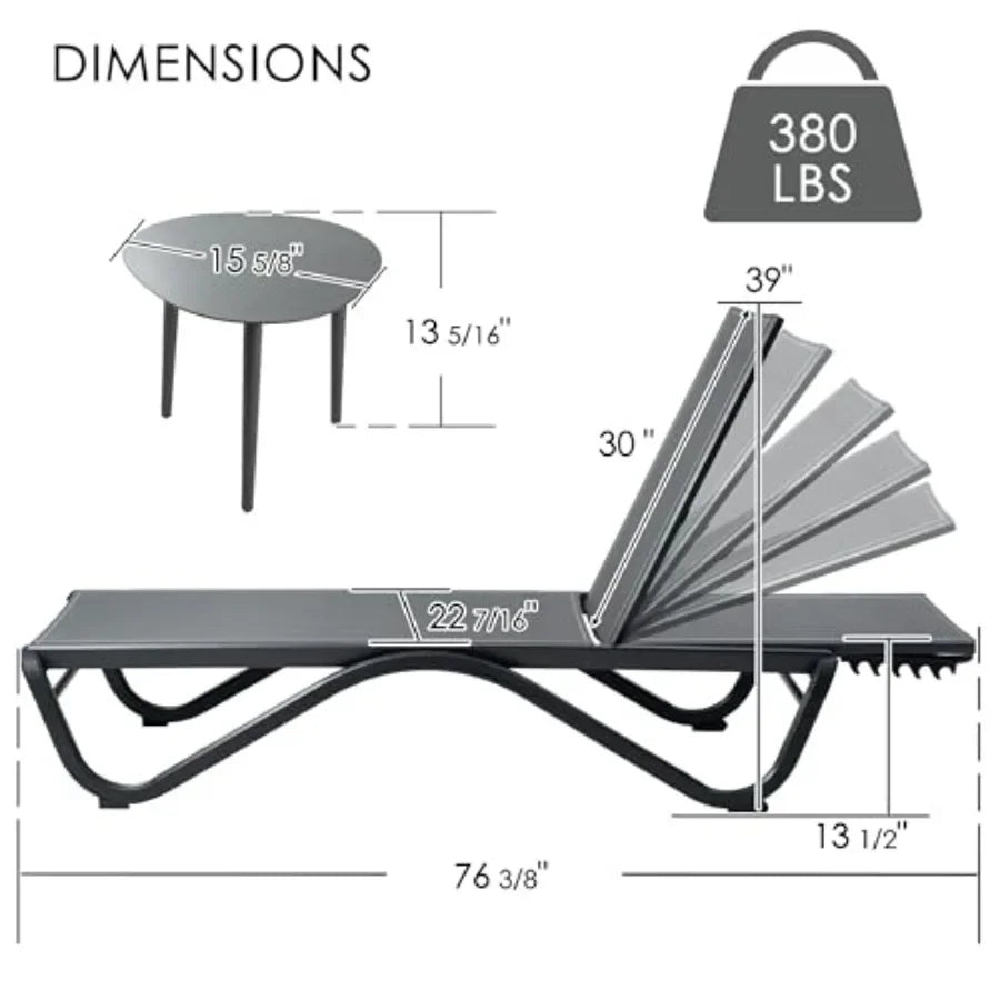Outdoor Chaise Lounge for Poolside, Sunbathing Backyard: All Aluminum Frame + Textilene Fabric, Fully Flat Adjustable Reclining