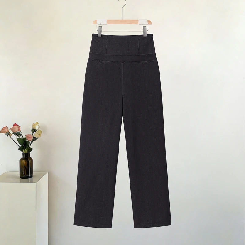 Street Denim Top Pants Women Set Short Sleeve Stand Collar Coats Wide Leg Trousers 2026 Summer Autumn 2 Pieces Set Women New