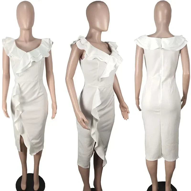 Elegant Party Night Club Celebrity Prom Dresses Women Ruffles V-neck Short Sleeve Birthday Slit Sexy Bodycon Dress Vestidos Midi