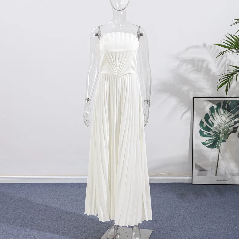 Elegant Solid Pleated Off Shoulder Long Dresses for Women Chic Sleeveless Backless Female Maxi Dress Summer New Beach Party Robe