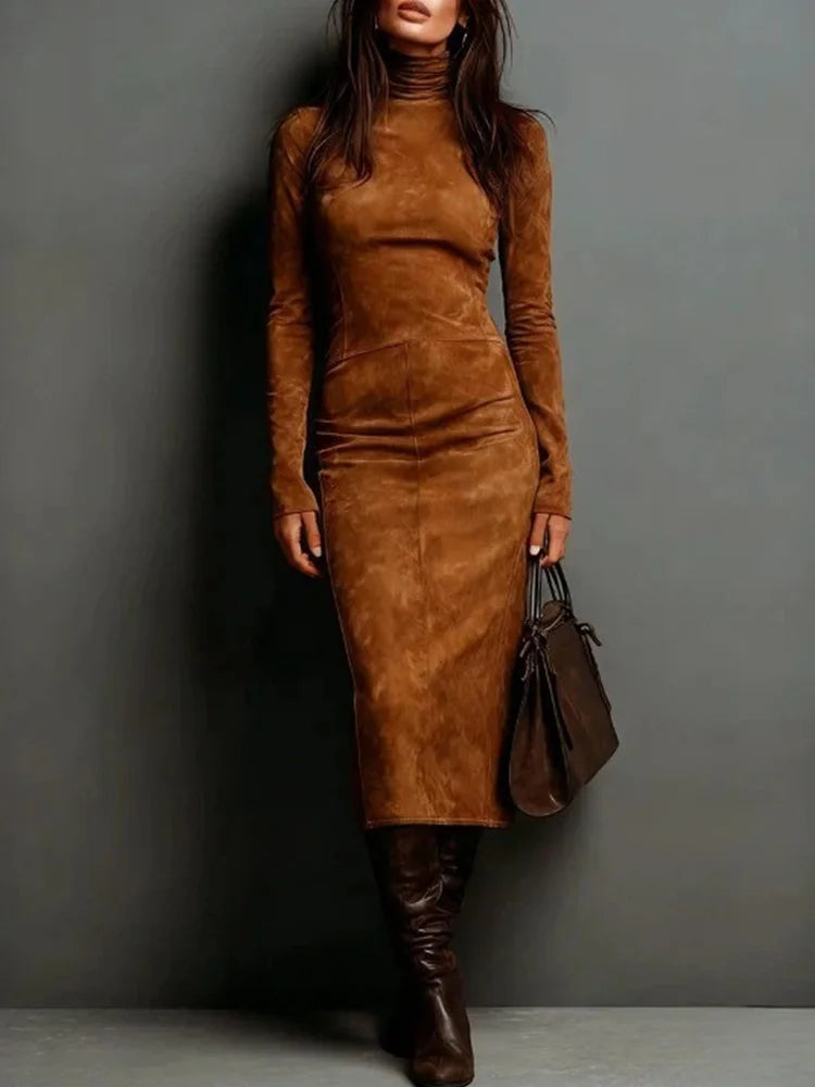 Women's Dress Elegant Slim American Retro Long Sleeve Turtleneck Suede Leather Vintage Solid Autumn Spring Midi Dresses