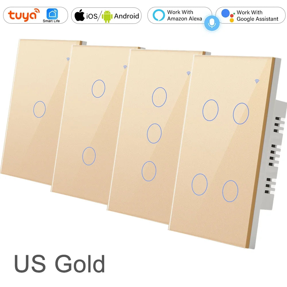 2 3 4 Gang 2 3 Way US Tuya Smart Wall Touch Light Switch for LED with No Neutral WiFi Glass Australia Brazil Android RoHS Alexa