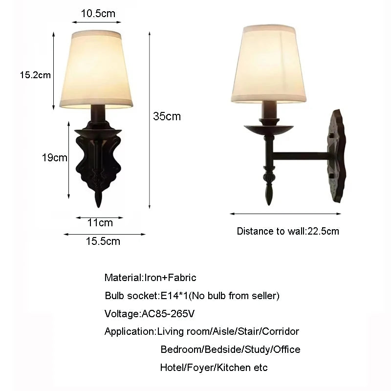 American Black Iron Wall Lamp Retro Living Room Bedroom Bedside Hotel European Countryside Study E14 Fabric Wall Light Sconce