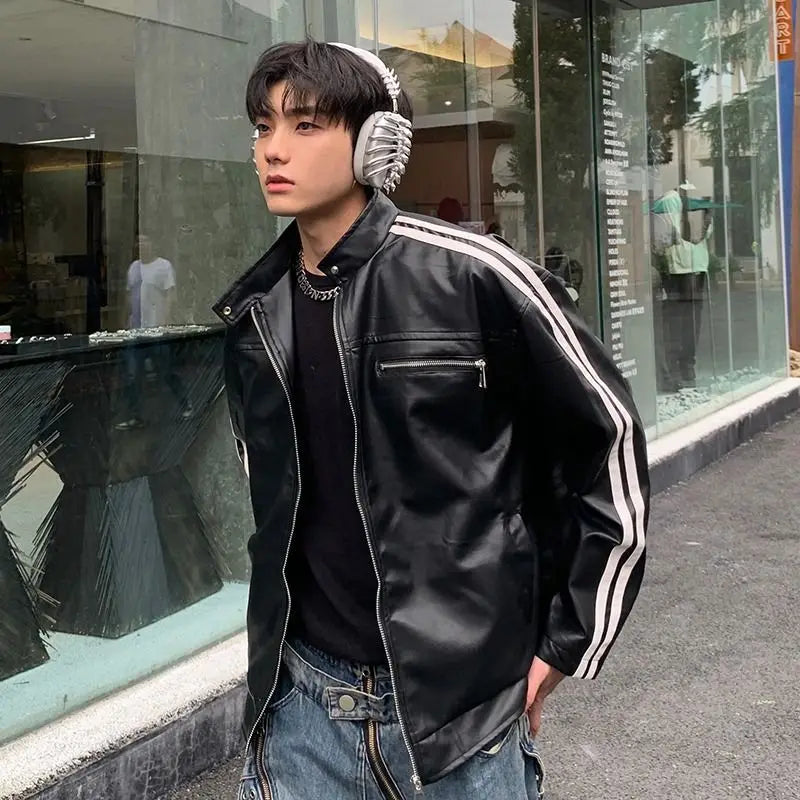 Youth Men's Biker Jacket Patchwork Stripes PU Leather Coat Stand Collar Zipper Long Sleeve Loose Fit Spring Autumn