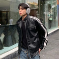Youth Men's Biker Jacket Patchwork Stripes PU Leather Coat Stand Collar Zipper Long Sleeve Loose Fit Spring Autumn