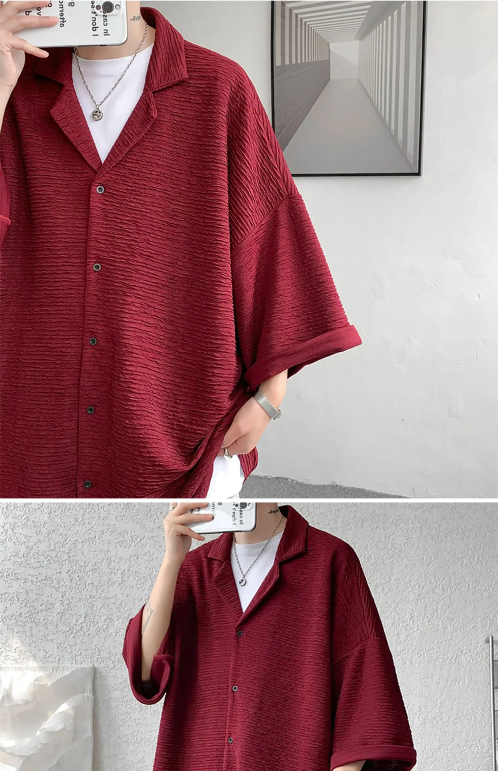 LEGIBLE Spring Summer Solid Shirts Men Casual Oversized Three Quarter Shirts Male Loose Fit Shirt for Man