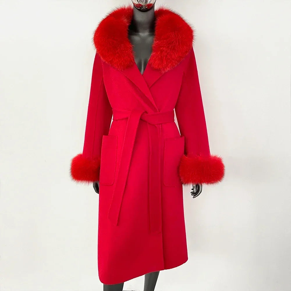 Real Fox Fur Collar Woolen Coat Women's Autumn Winter Warm Natural Fur Coat Casual Wool Fur Jacket Fashion Long Fur Coat Women's