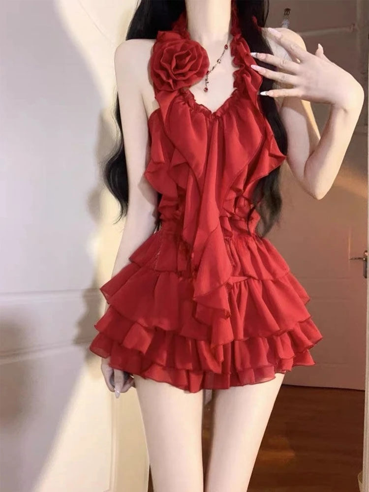 Sexy Ruffled Slim Fit Halter Women's Tops Mini Skirt 2 Piece Set Hot Girl Style Design Fashion Chic Party Evening Party New