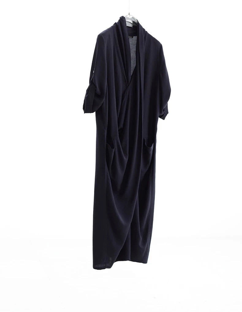 New Chinese-Style Dress~Draped Collar Navy Blue Pleated Dress, Summer Slimming and Elegant Long Dress for Women