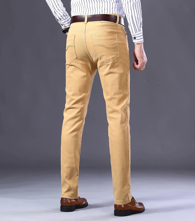 2026 New  Spring Autumn Wine Red Jeans Men Fashion Casual Classic Style Business Straight Fit Soft Trousers Male Advanced Pants