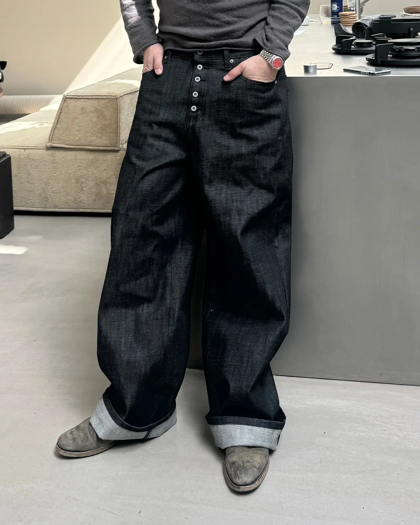 Japanese Raw Denim Loose Fit Jeans Classic Unwashed Cotton Workwear Baggy Trousers for Men