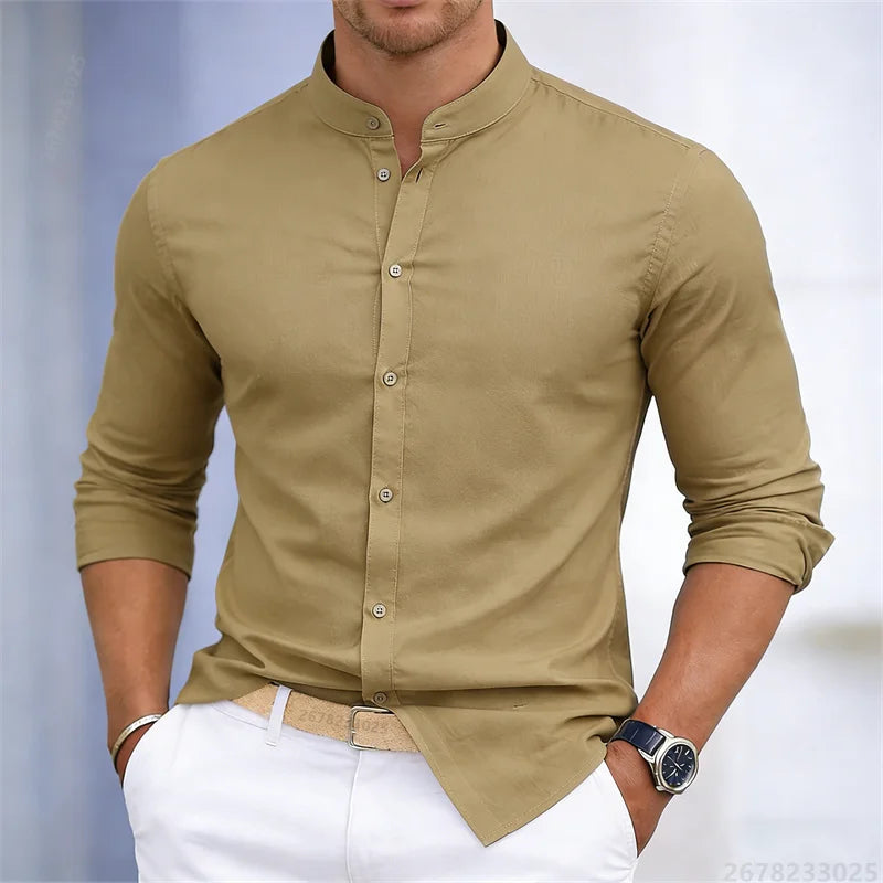 Men's stand-up collar white or black long-sleeved shirt, solid color shirt, slim fit business casual men's top, sizes XS-6XL.