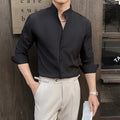 2026 Spring New Chinese Style High End Stand Up Collar Shirt Men's Long Sleeve Elastic Slimming Top Social Dress Shirt